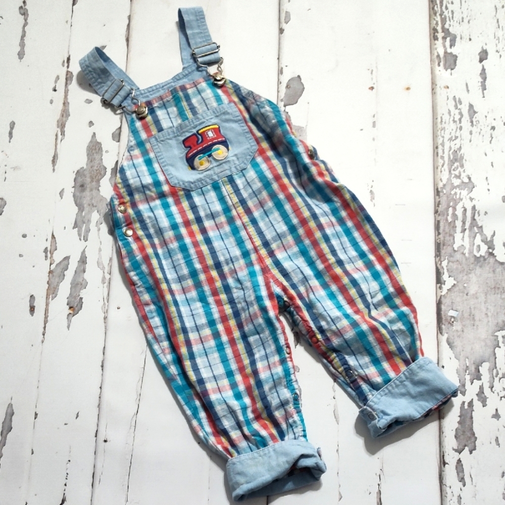 Vintage Gymboree Plaid Overalls with Train Patch Rainbow Tag X small